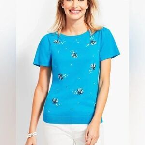 Talbots turquoise blue sea shell beach embroidered puff cap short sleeve top XLP